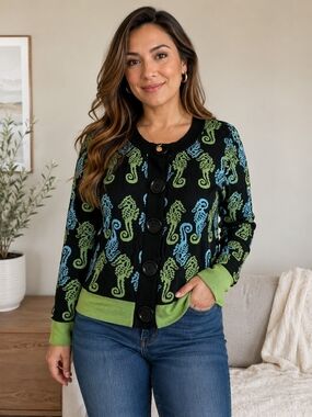 Caprice Brand Black Cardigan with Green & Blue Seahorse Pattern L